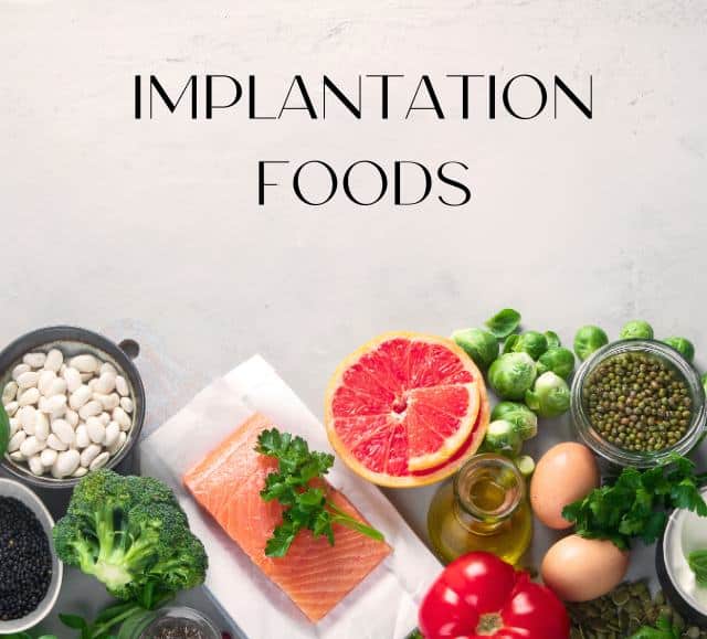 Implantation Foods title surrounded by foods that support fertility health like salmon, herbs, citrus, eggs, beans and olive oil.