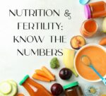 Nutrition and Fertility: Know the Numbers title surrounded by orange vegetables and fruit as colourful vegetables are important for fertility health.
